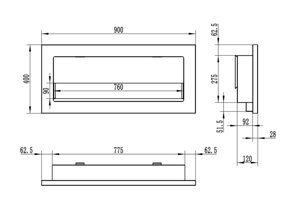 2803 Bio-Kamin 900x400 SLIM Schwarz strukturiert mit Glas