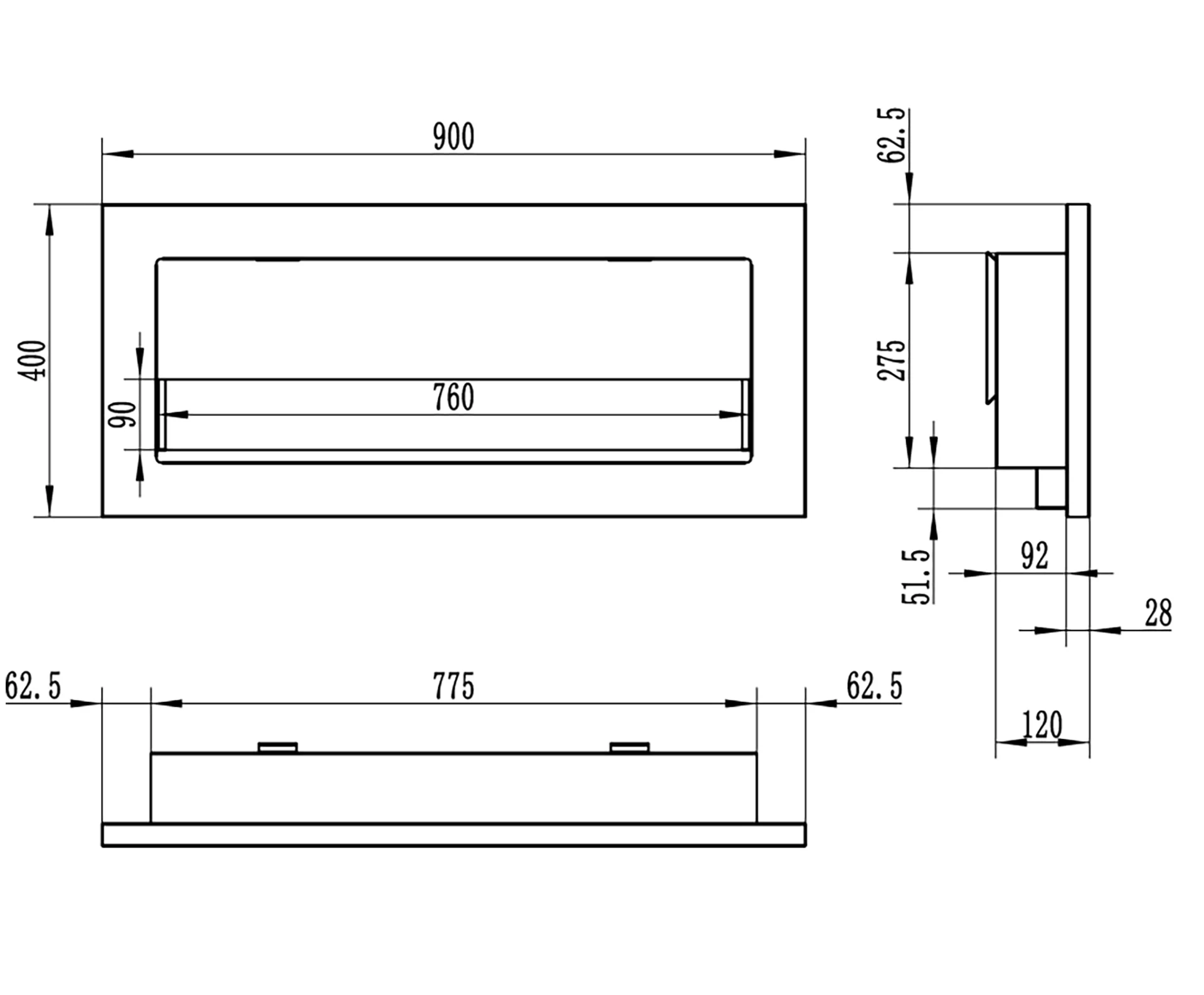 2803 Bio-Kamin 900x400 SLIM Schwarz strukturiert mit Glas