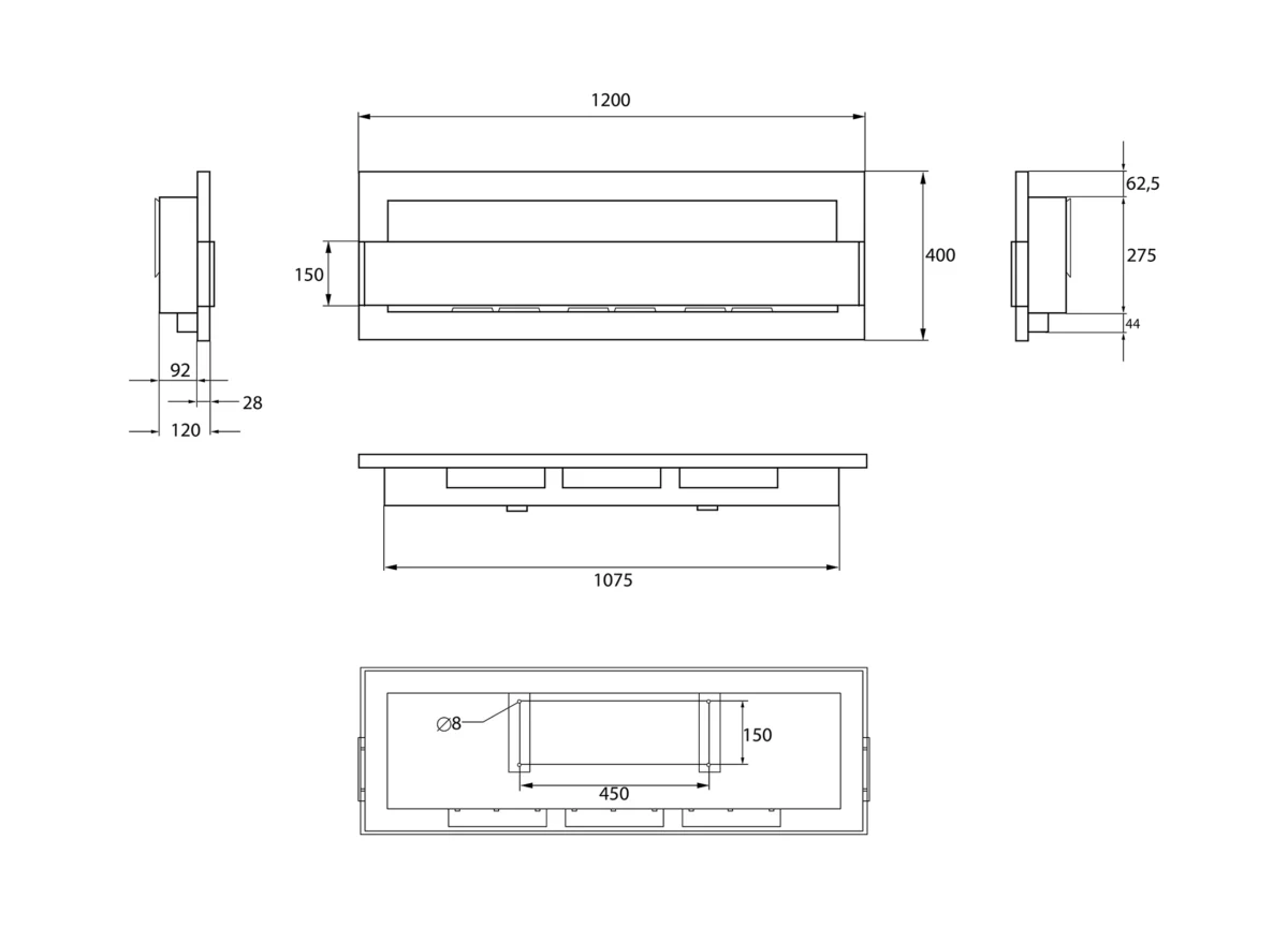 2845 BIOKAMIN 1200X400 schwarz strukturiert mit Glas