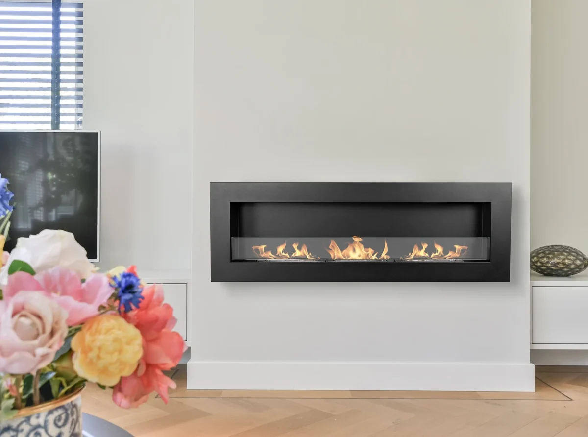 3854 Hängender Bio-Kamin mit Glas 1200x400 Box schwarz strukturiert matt