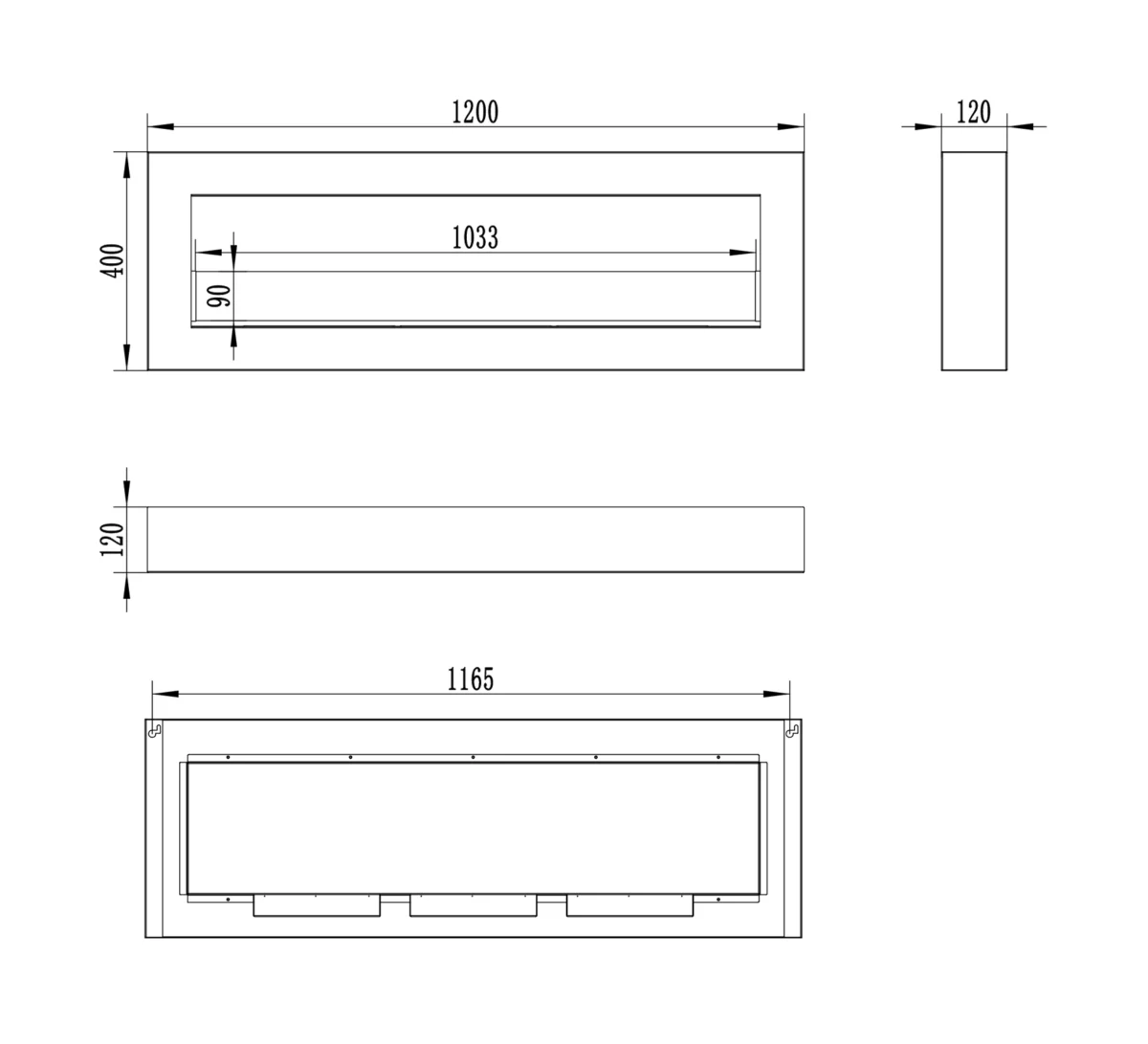 3855 Hängender Bio-Kamin mit Glas 1200x400 Box schwarz strukturiert matt