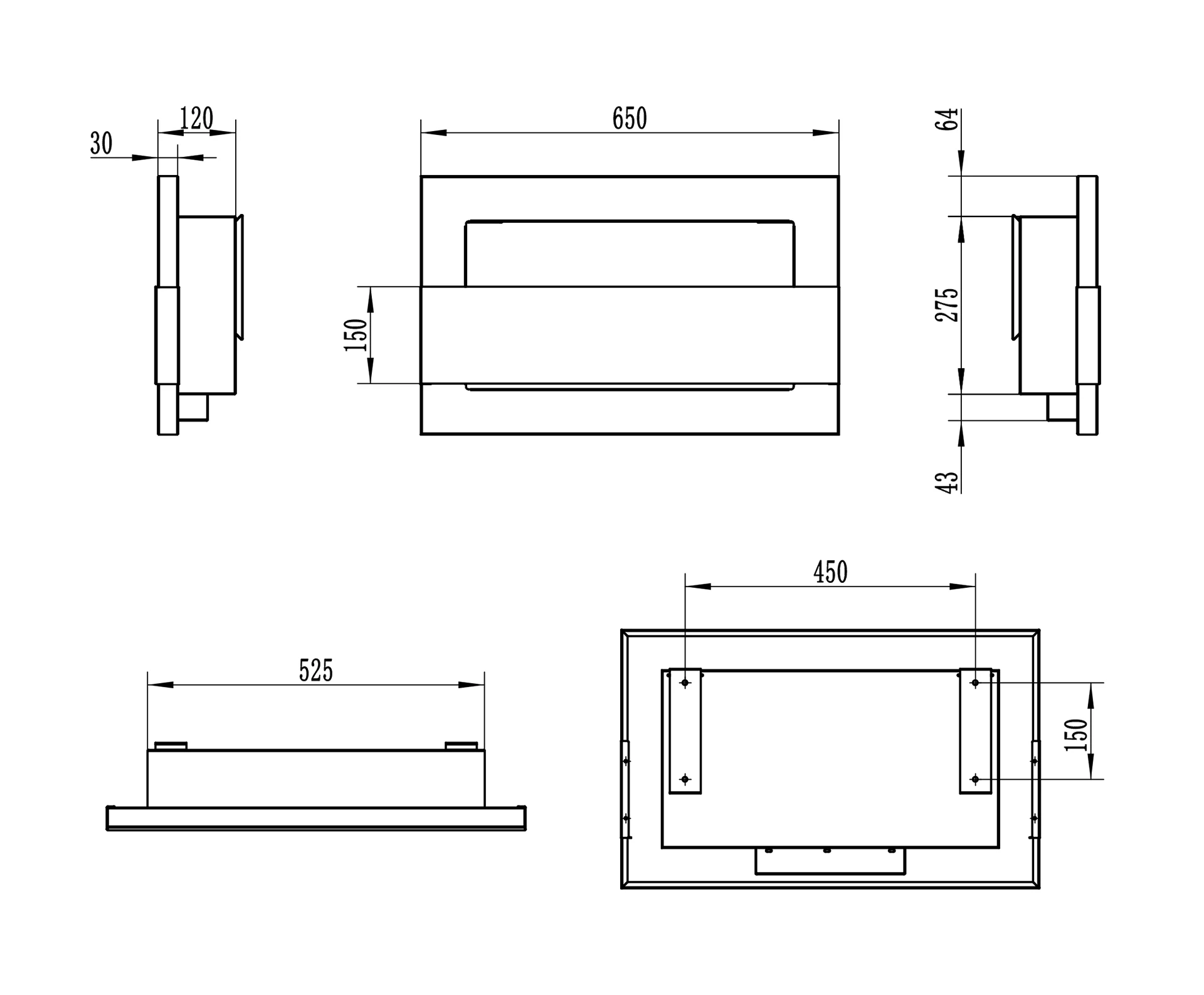 4251 Hängender Bio-Kamin mit Glas 650x400 schwarz glänzend