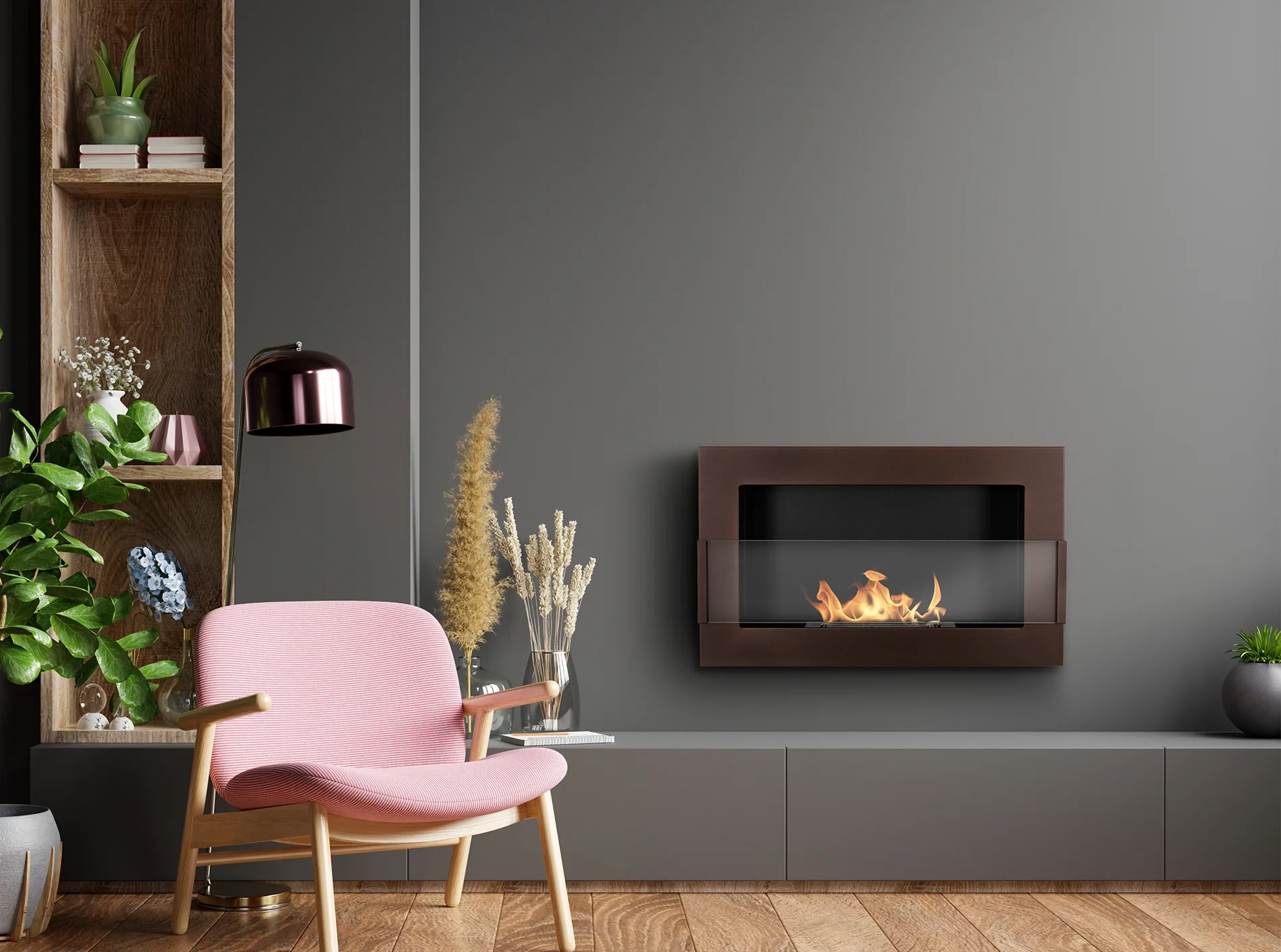 4349 Hängender Bio-Kamin mit Glas 650x400 braun strukturiert matt