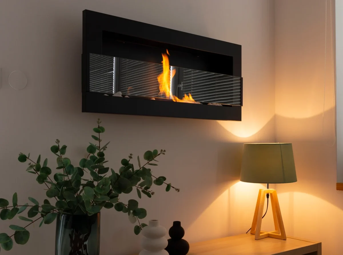 4401 Bio-Kamin 900x400 mit Glas Schwarz Strukturiert