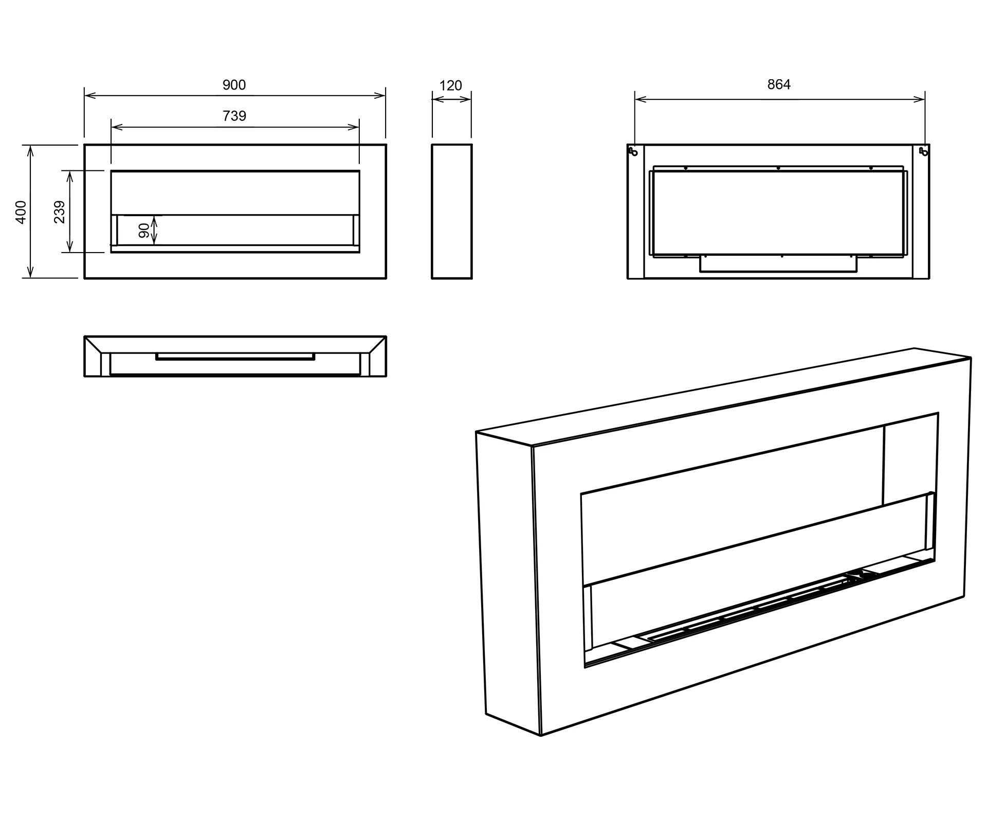 5056 Wandbioethanolofen mit Glas 900x400 Box weiß strukturiert matt