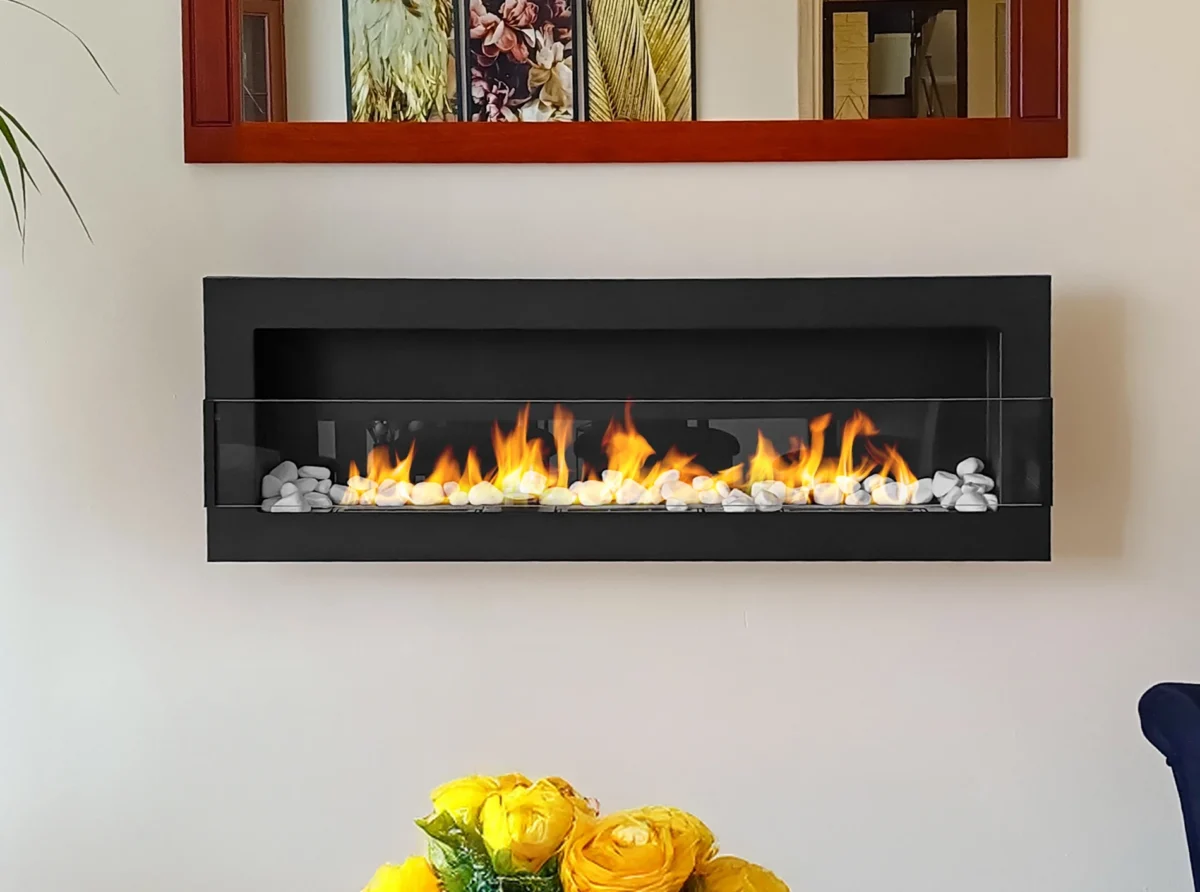 5117 BIOKAMIN 1200X400 schwarz strukturiert mit Glas