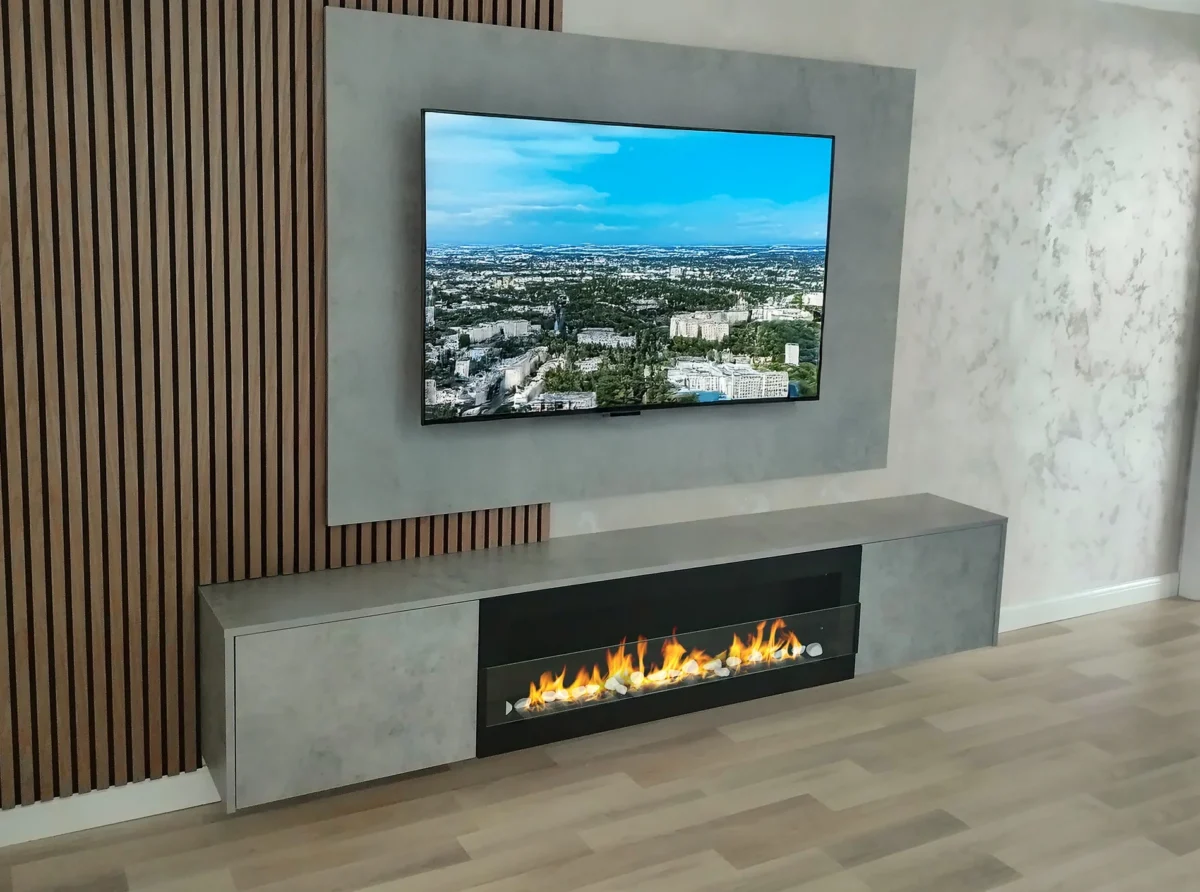5118 BIOKAMIN 1200X400 schwarz strukturiert mit Glas