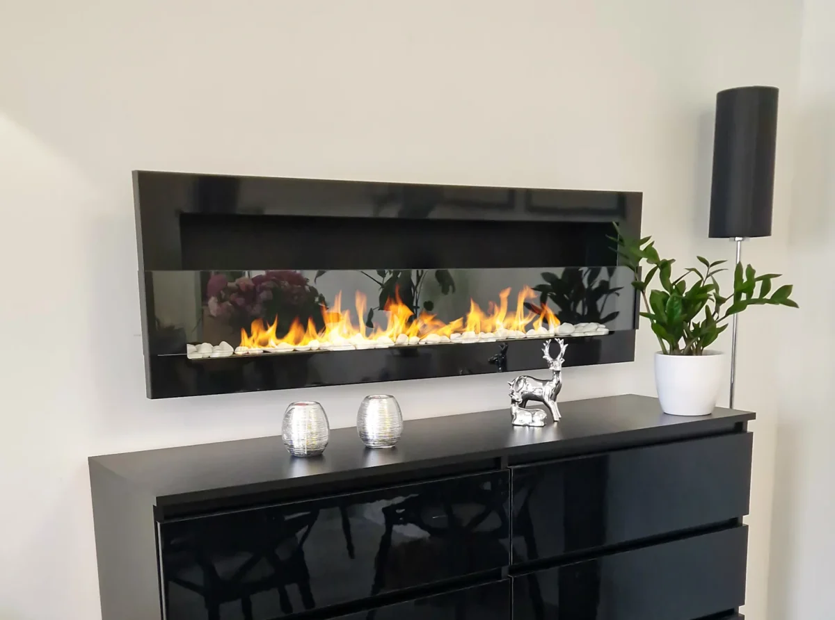 Wandbioethanolofen mit Glas 1200x400 schwarz glänzend
