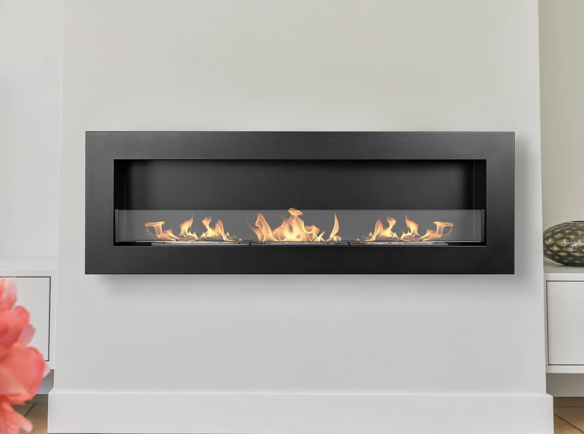 5146 Hängender Bio-Kamin mit Glas 1200x400 Box schwarz strukturiert matt
