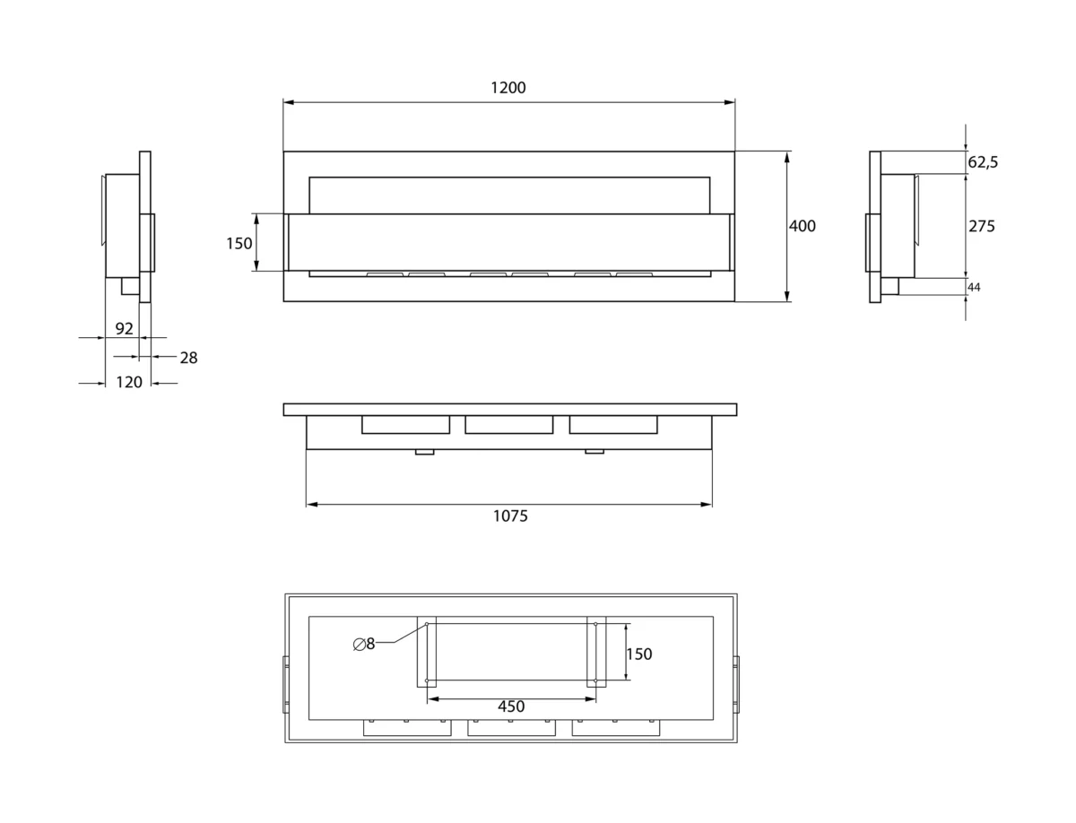 5300 Bio-Kamin 1200x400 braun matt mit Glas