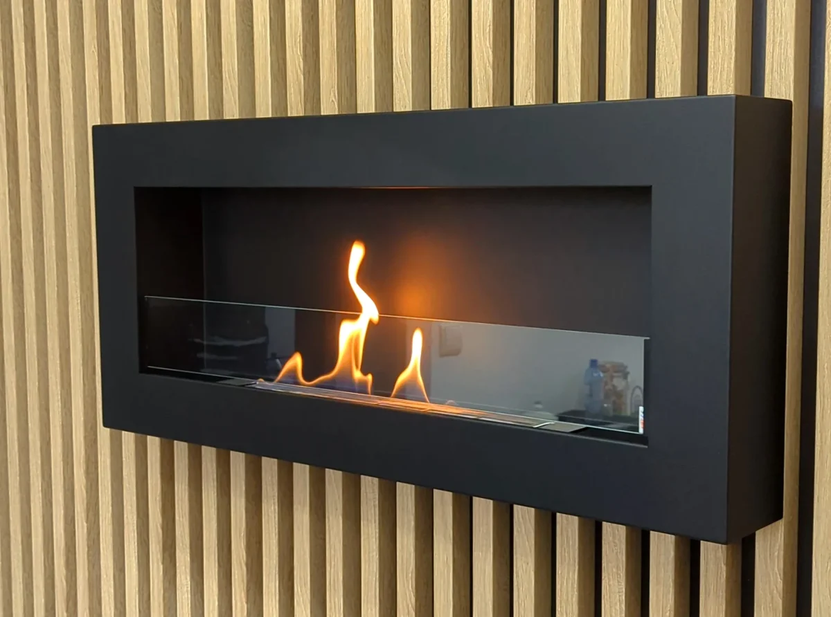 Biokamin Box 900x400 schwarz matt mit ÖFFNENDEM Glas