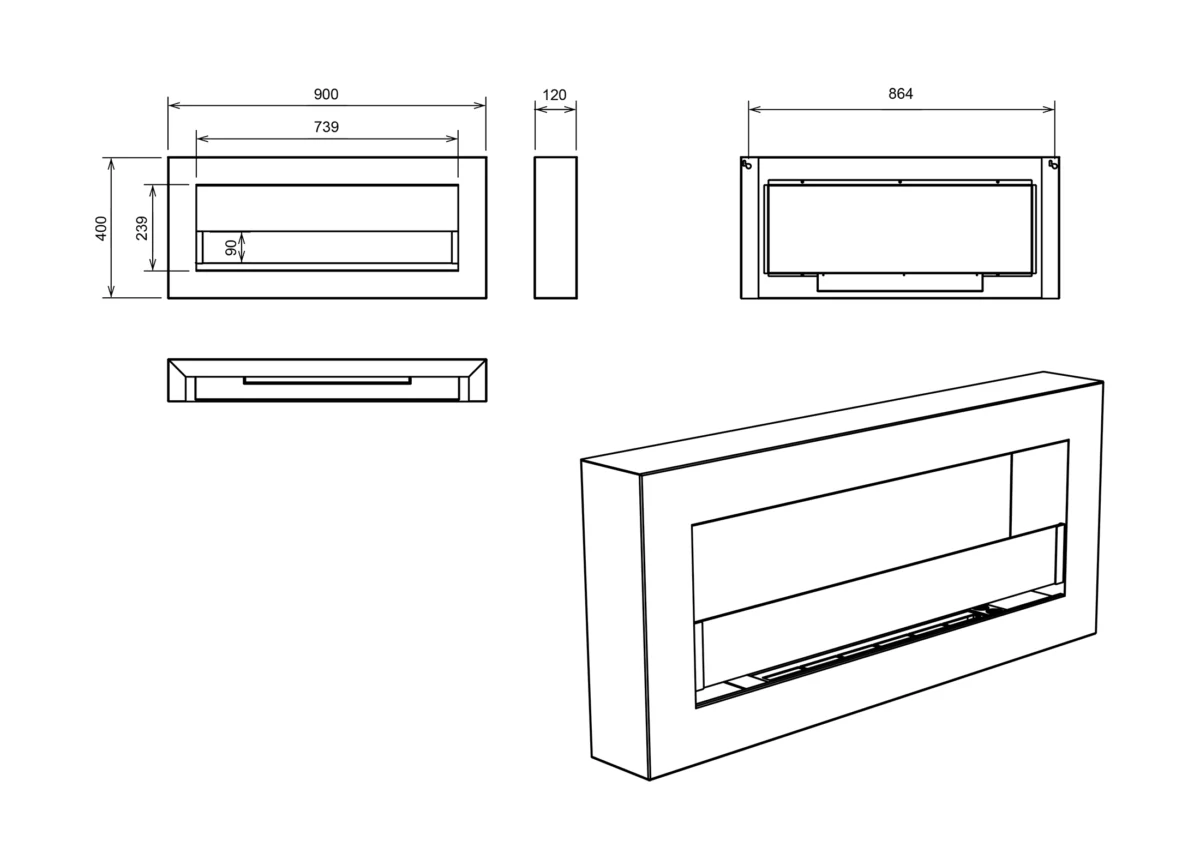 Biokamin Box 900x400 schwarz matt mit ÖFFNENDEM Glas