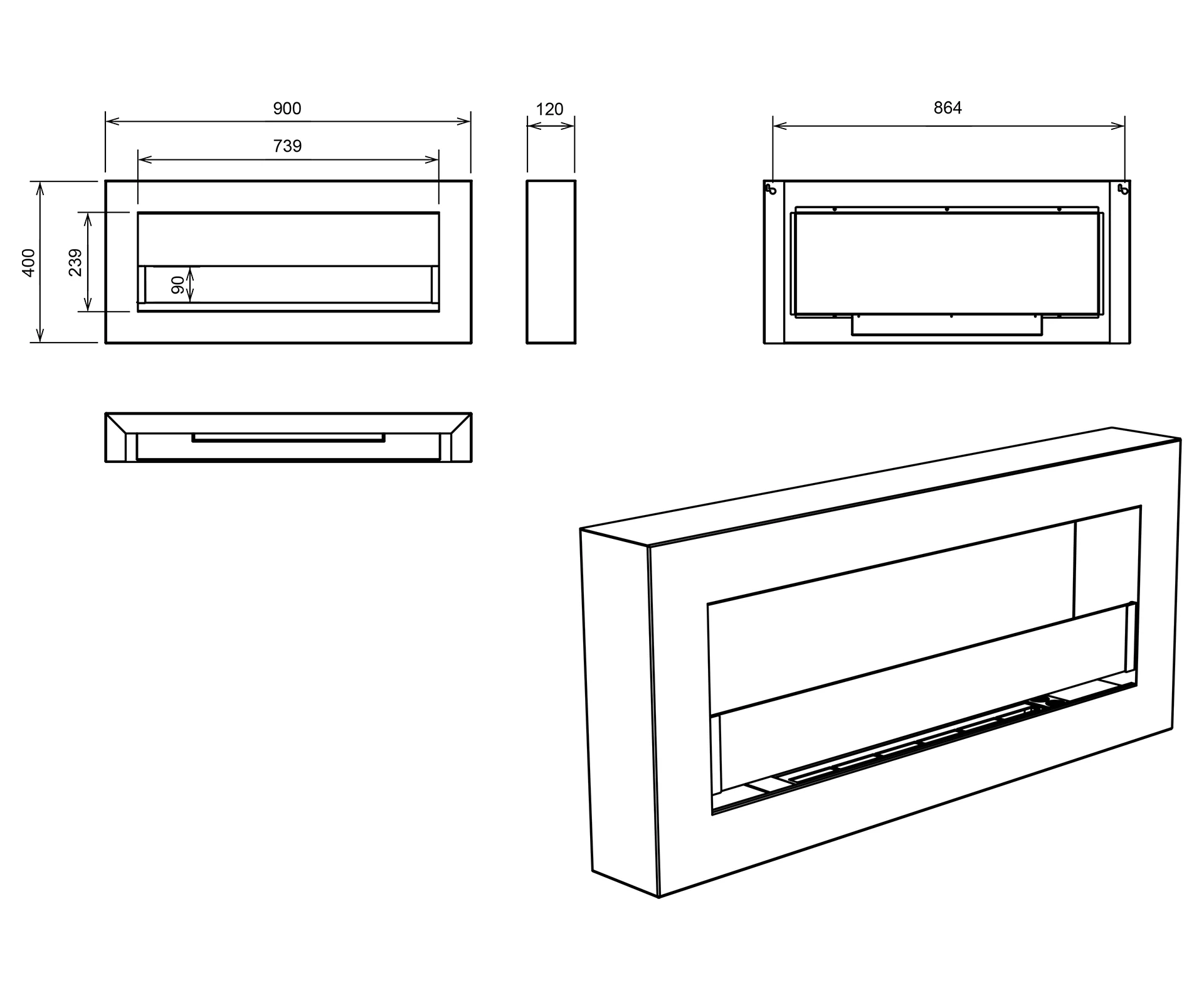 Biokamin Box 900x400 schwarz matt mit ÖFFNENDEM Glas