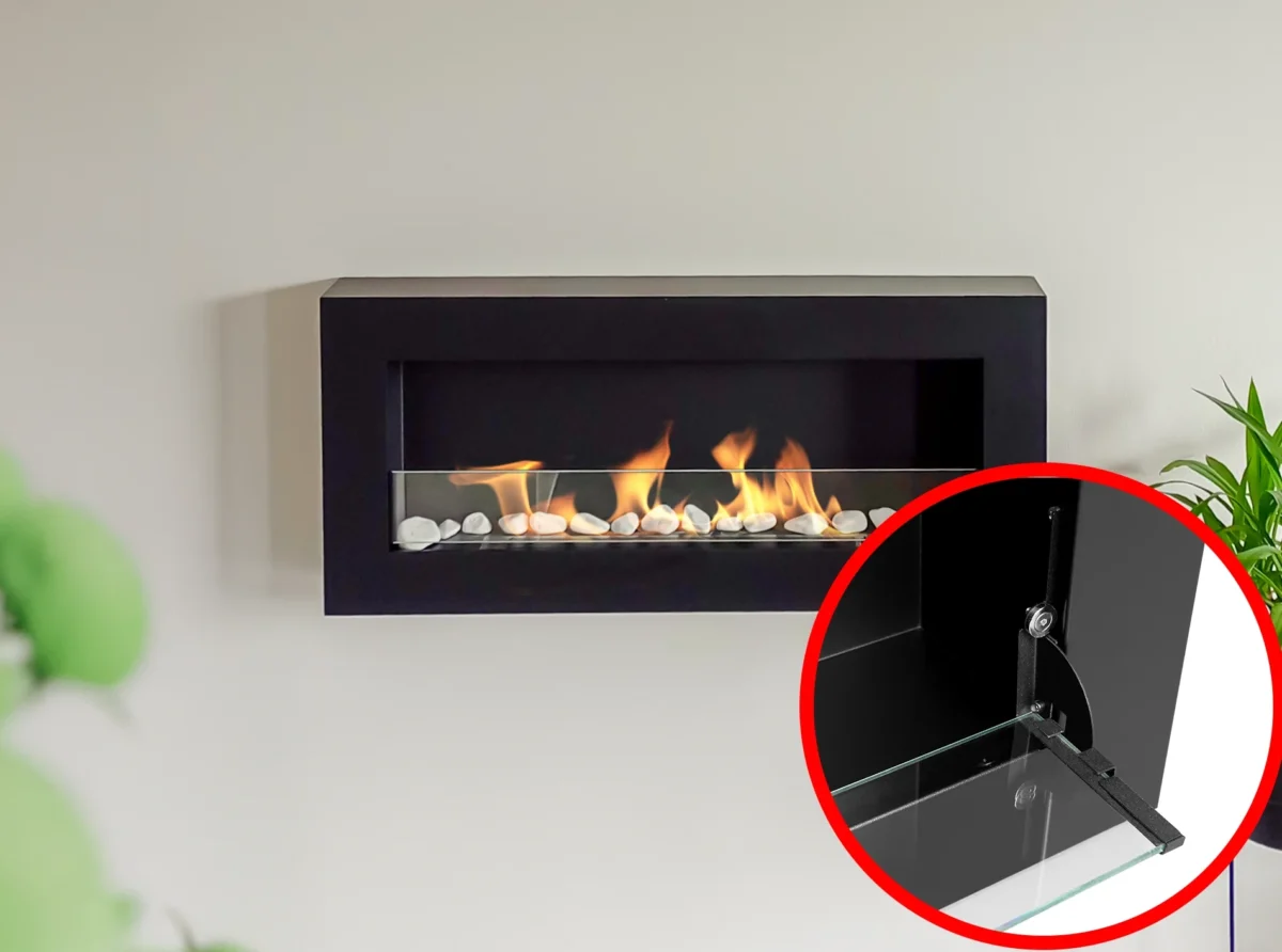 Biokamin Box 900x400 schwarz matt mit ÖFFNENDEM Glas