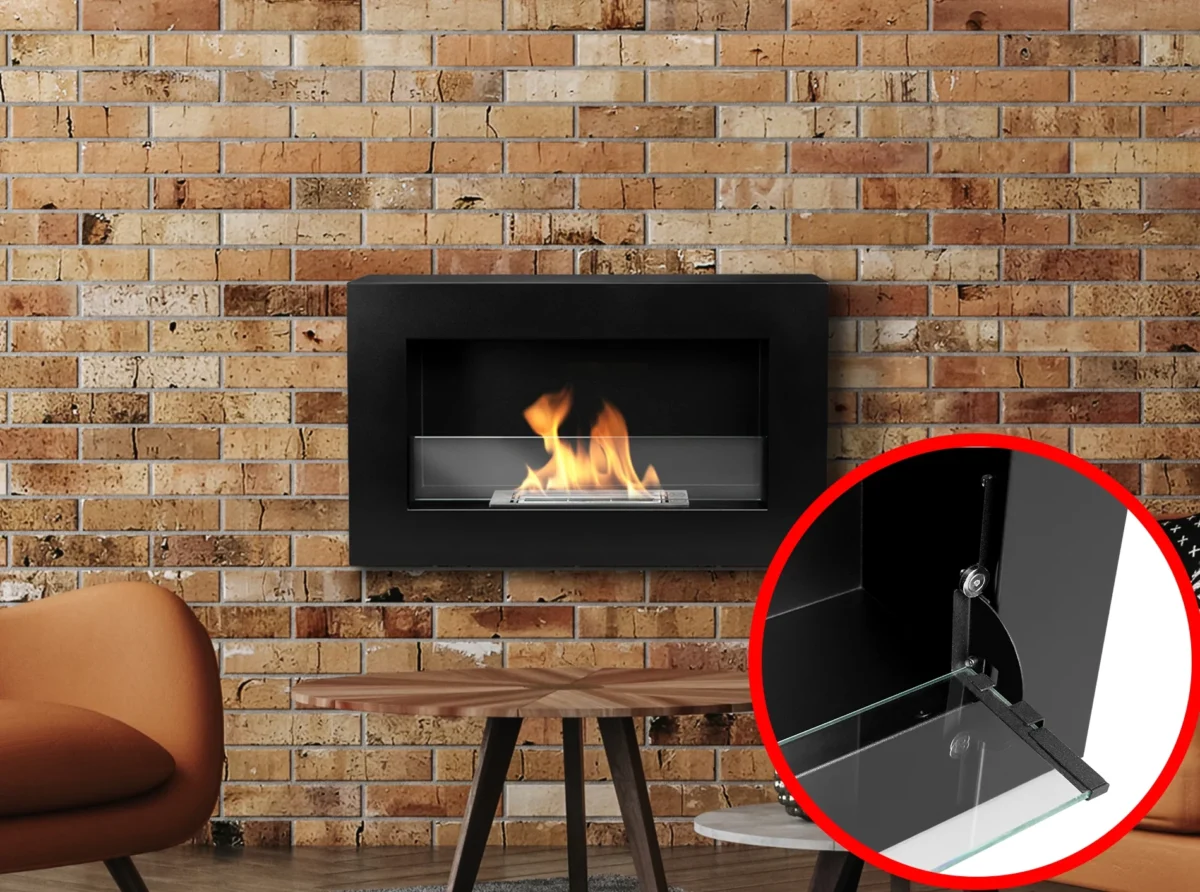 BIOKAMIN BOX 650X400 schwarz matt mit ÖFFNENDEM Glas