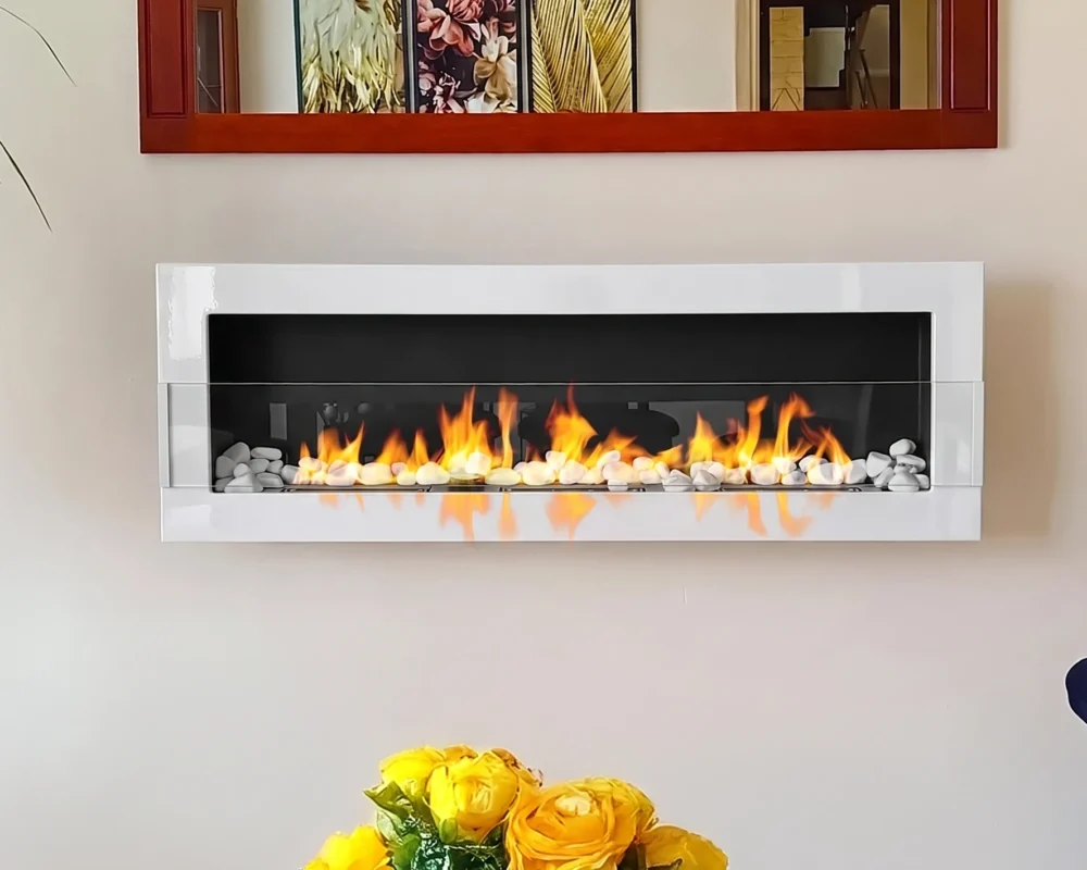 Bioethanol-Wandkamin 1200x400 in Weiss Hochglanz