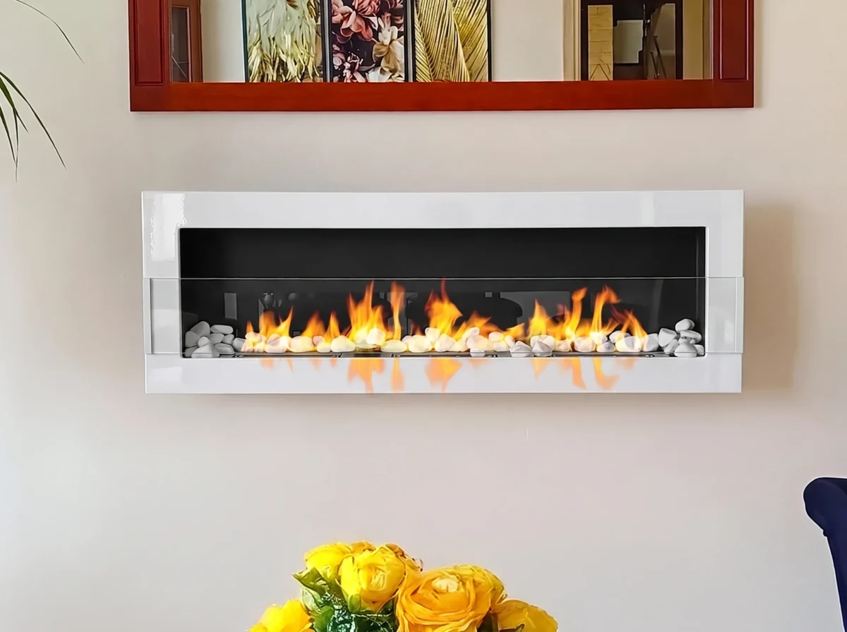 Bioethanol-Wandkamin 1200x400 in Weiss Hochglanz