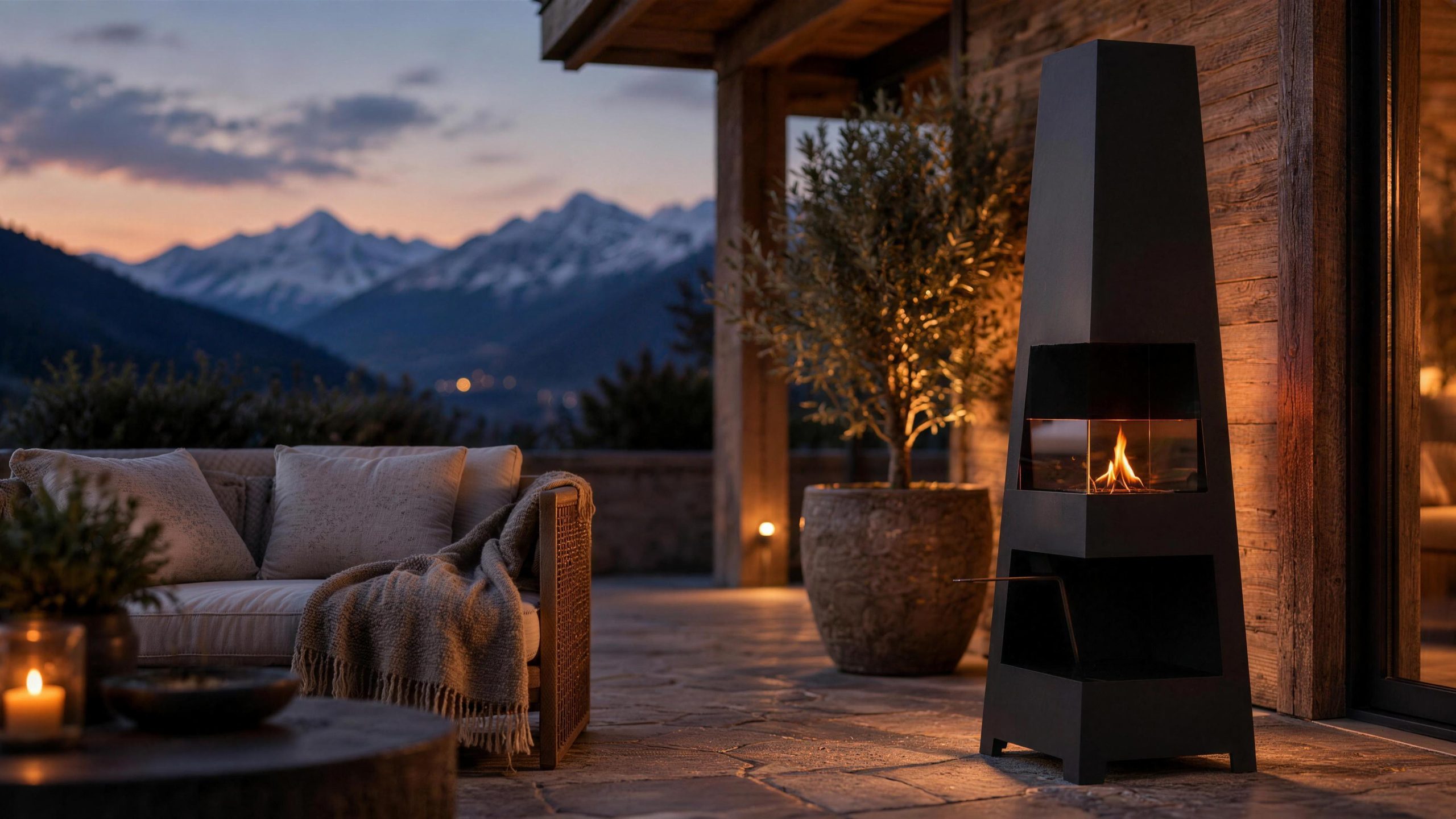 Bioethanol-Kamin auf einer Terrasse mit Blick auf die Schweizer Berge
